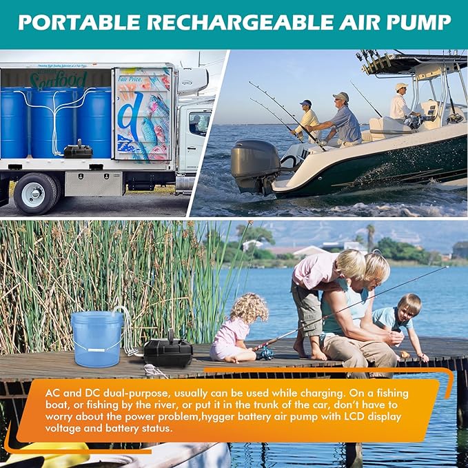 hygger Rechargeable Aquarium Pond Air Pump, Powerful Quiet Commercial Tank Air Pump with Hose Air Stone Check Valve Adjustable Flow Diverter Valve for Fishing Yacht/Power Outages/Hydroponic
